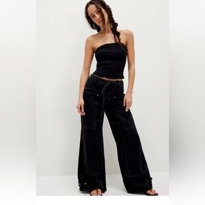 Free People Crvy Wide Leg Jeans We The Free Distressed Pockets Belt Black